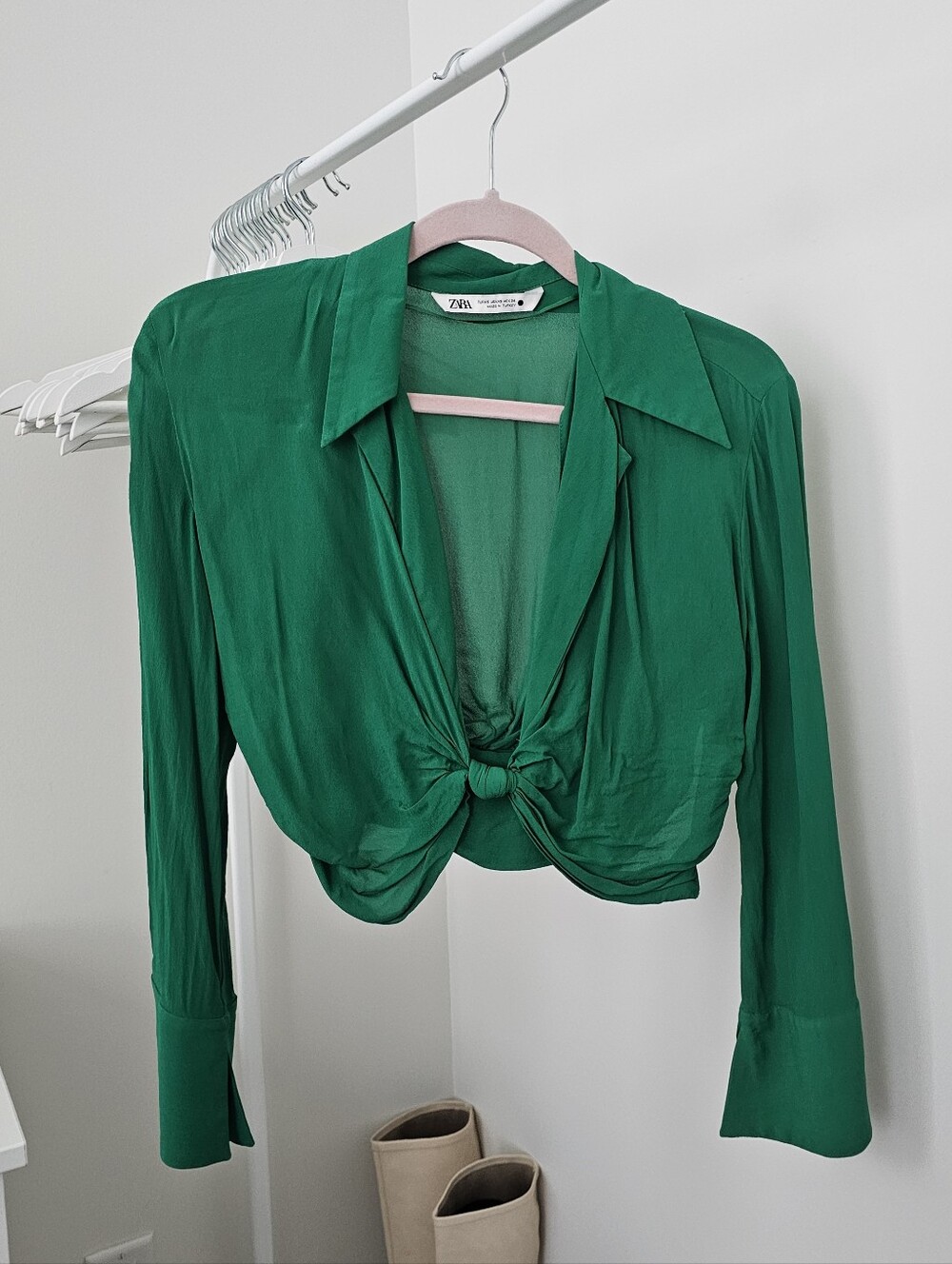 Zara Emerald Green Knot-Front Button Down Shirt
